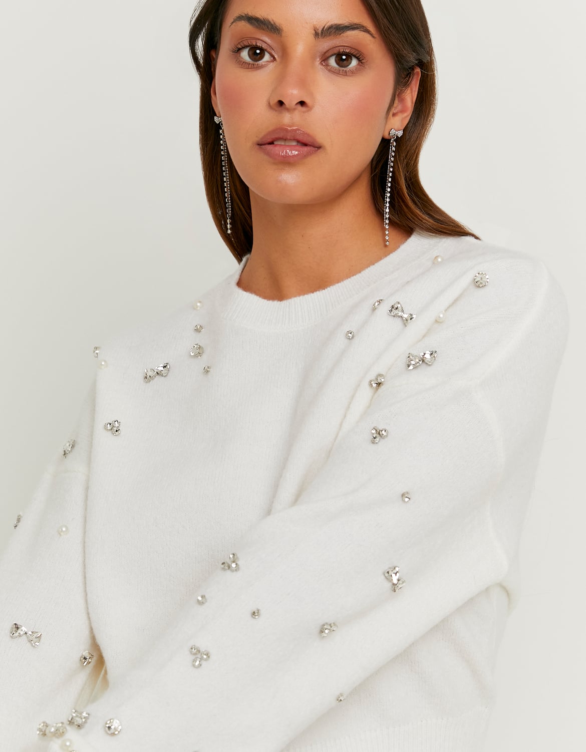Ladies White Knitted Jumper With Rhinestones-Closer View of the Front