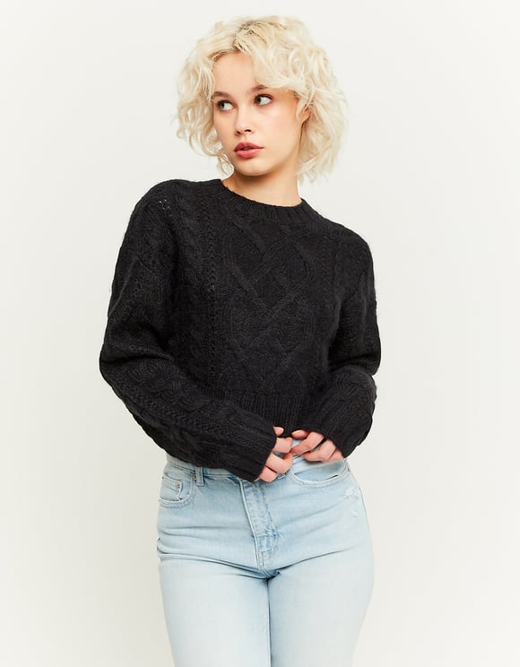 Ladies Black Weave Sweater-Model Front View