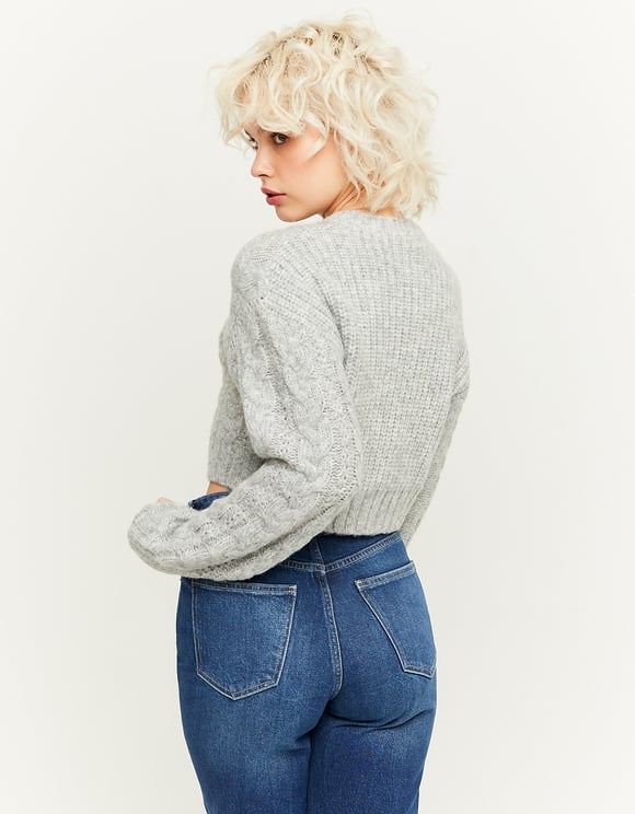 Ladies Grey Weave Sweater-Model Back View