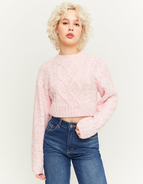 Ladies Pink Weave Sweater-Model Full Front View