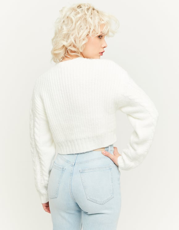 Ladies White Weave Sweater-Model Back View