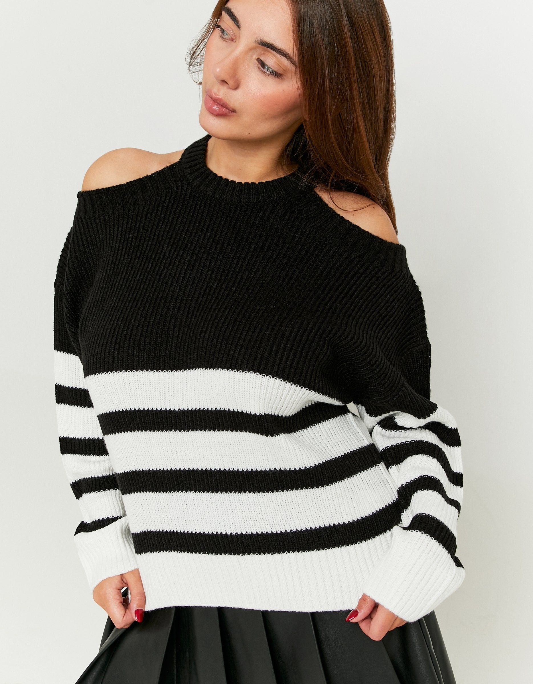 Ladies Black/White Striped Jumpers With Cut Out Shoulders-Model Front View