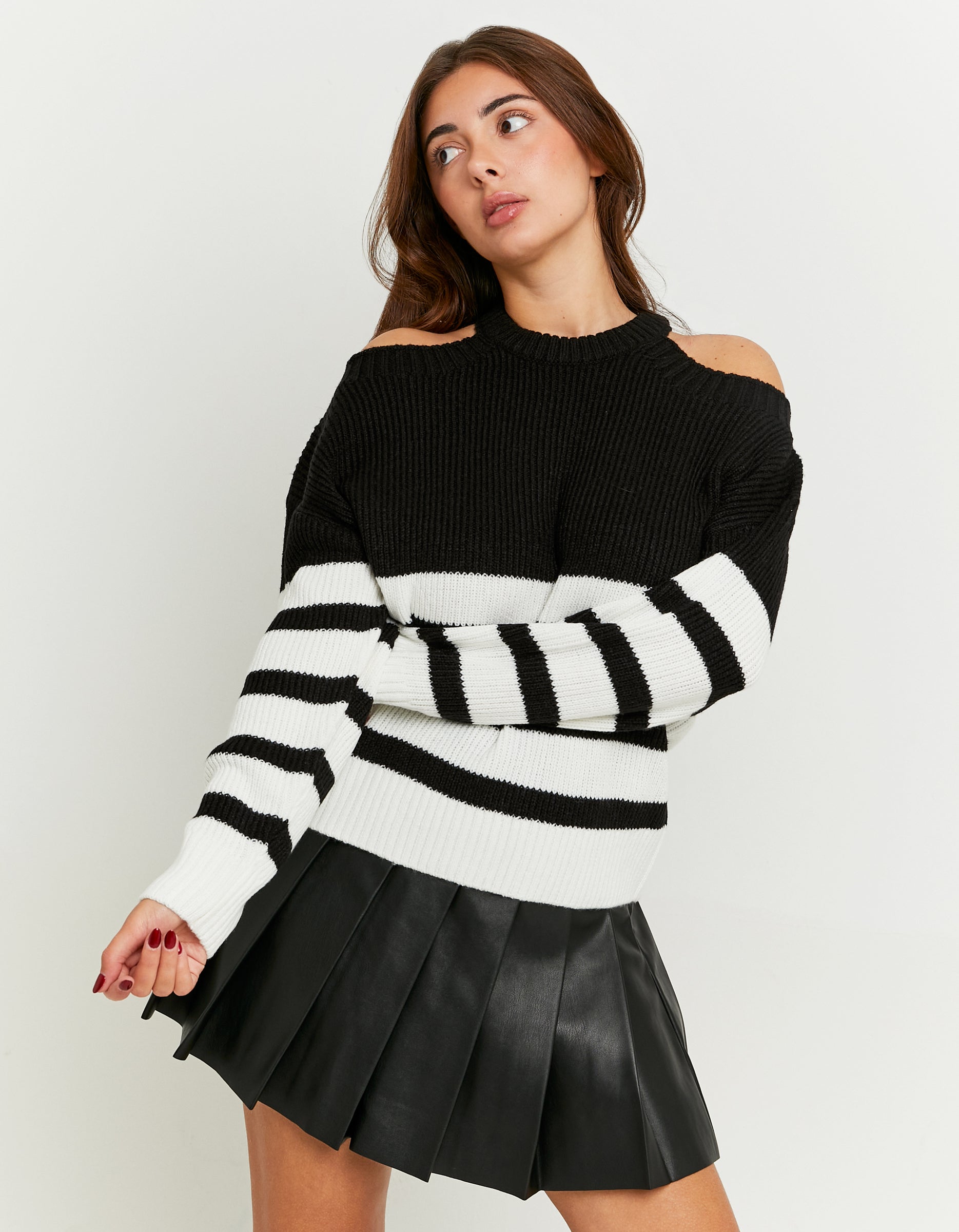 Ladies Black/White Striped Jumpers With Cut Out Shoulders-Model Full Front View