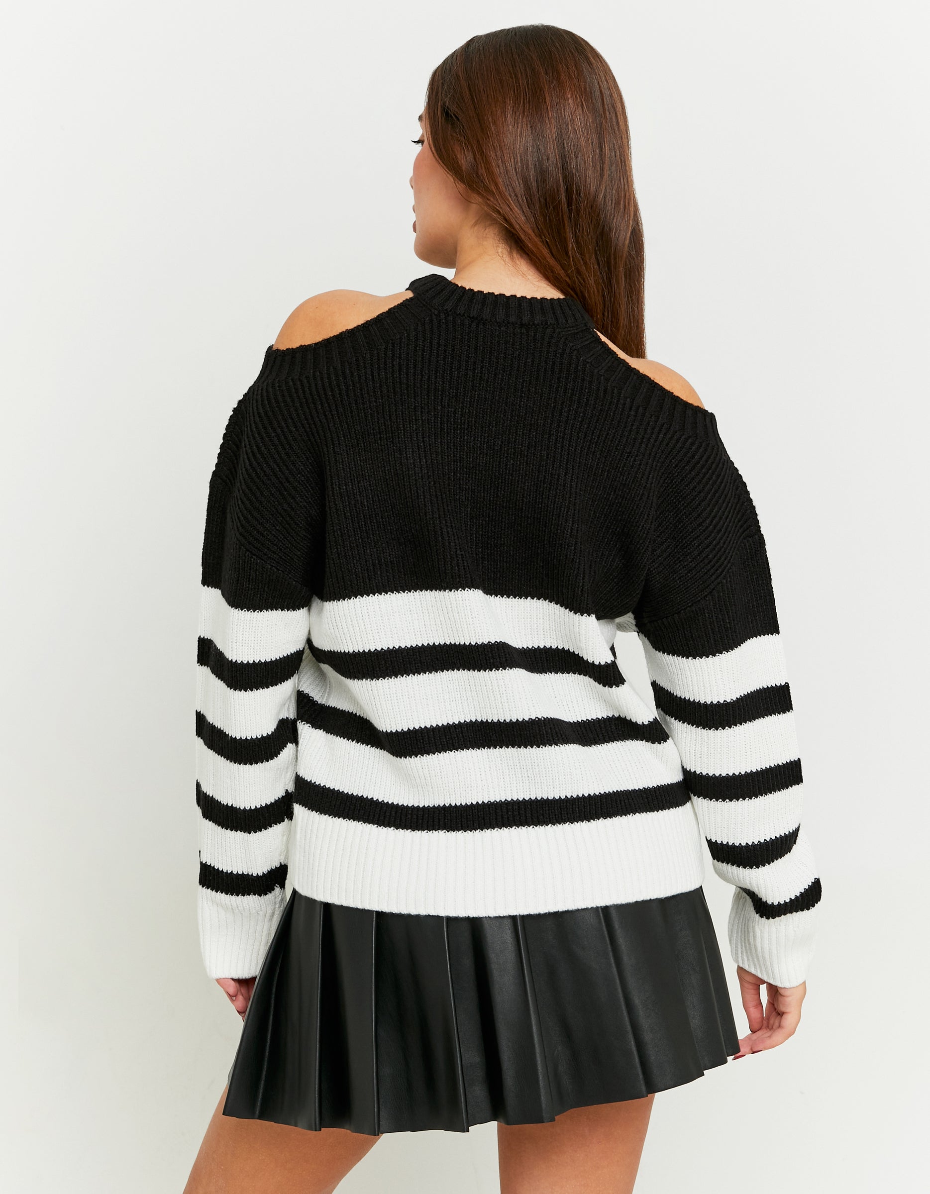 Ladies Black/White Striped Jumpers With Cut Out Shoulders-Back View