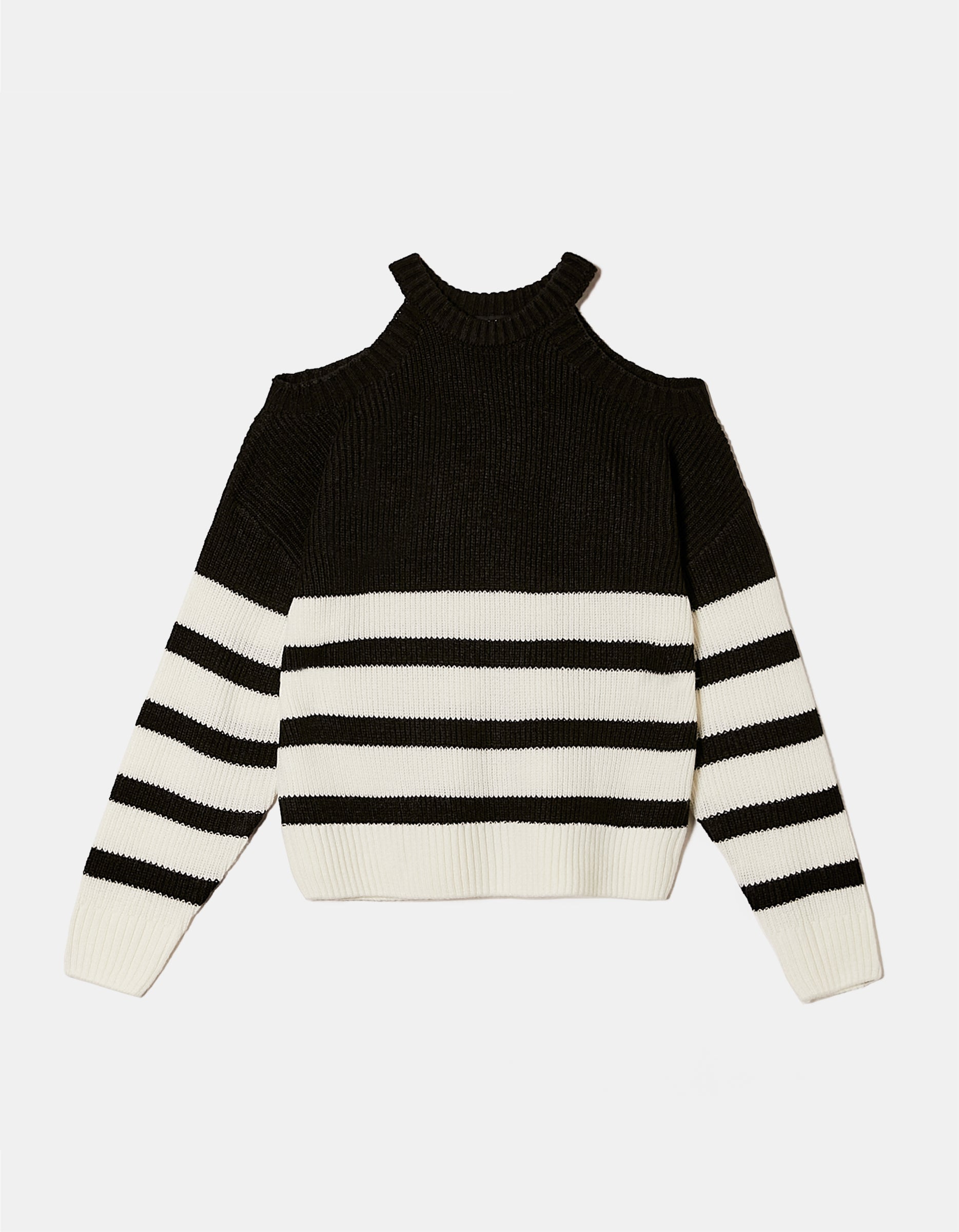 Ladies Black/White Striped Jumpers With Cut Out Shoulders-Ghost Front View