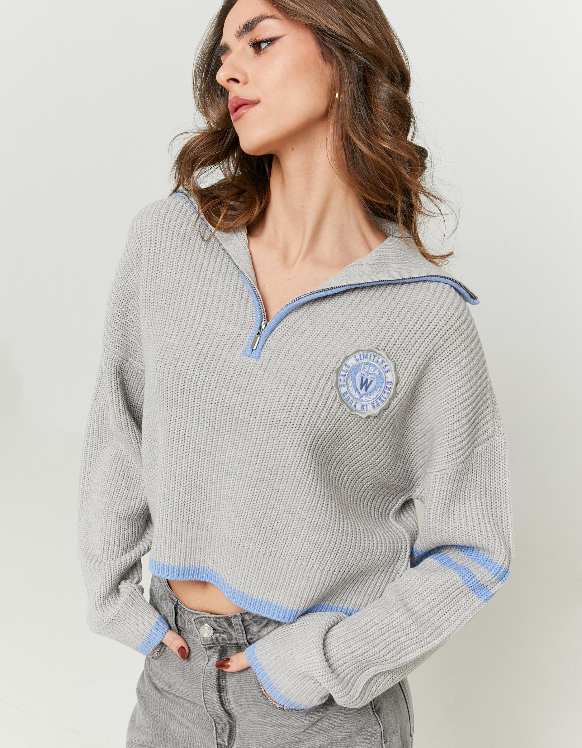 Ladies Grey Knit Cropped Jumper Blue Stripes-Model Side View