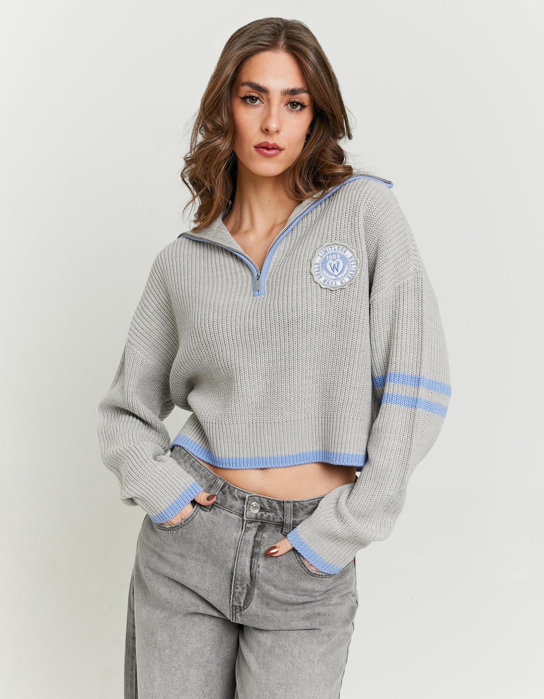 Ladies Grey Knit Cropped Jumper Blue Stripes-Model Full Front View