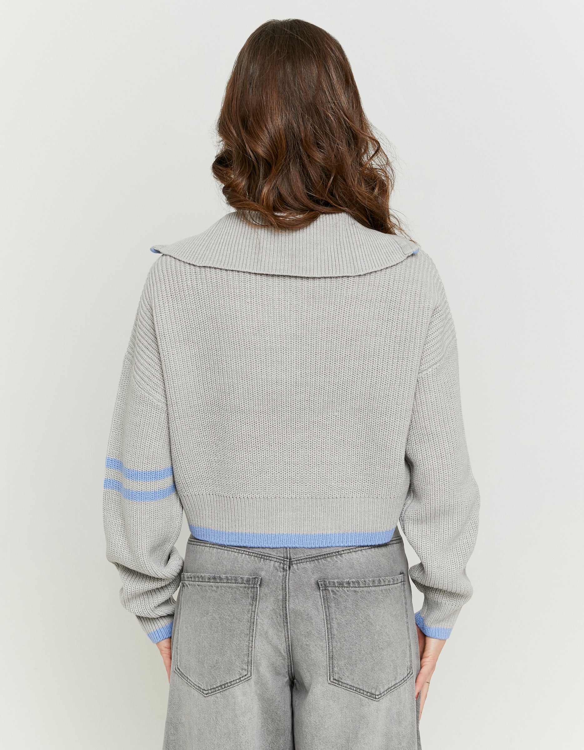 Ladies Grey Knit Cropped Jumper Blue Stripes-Model Back View