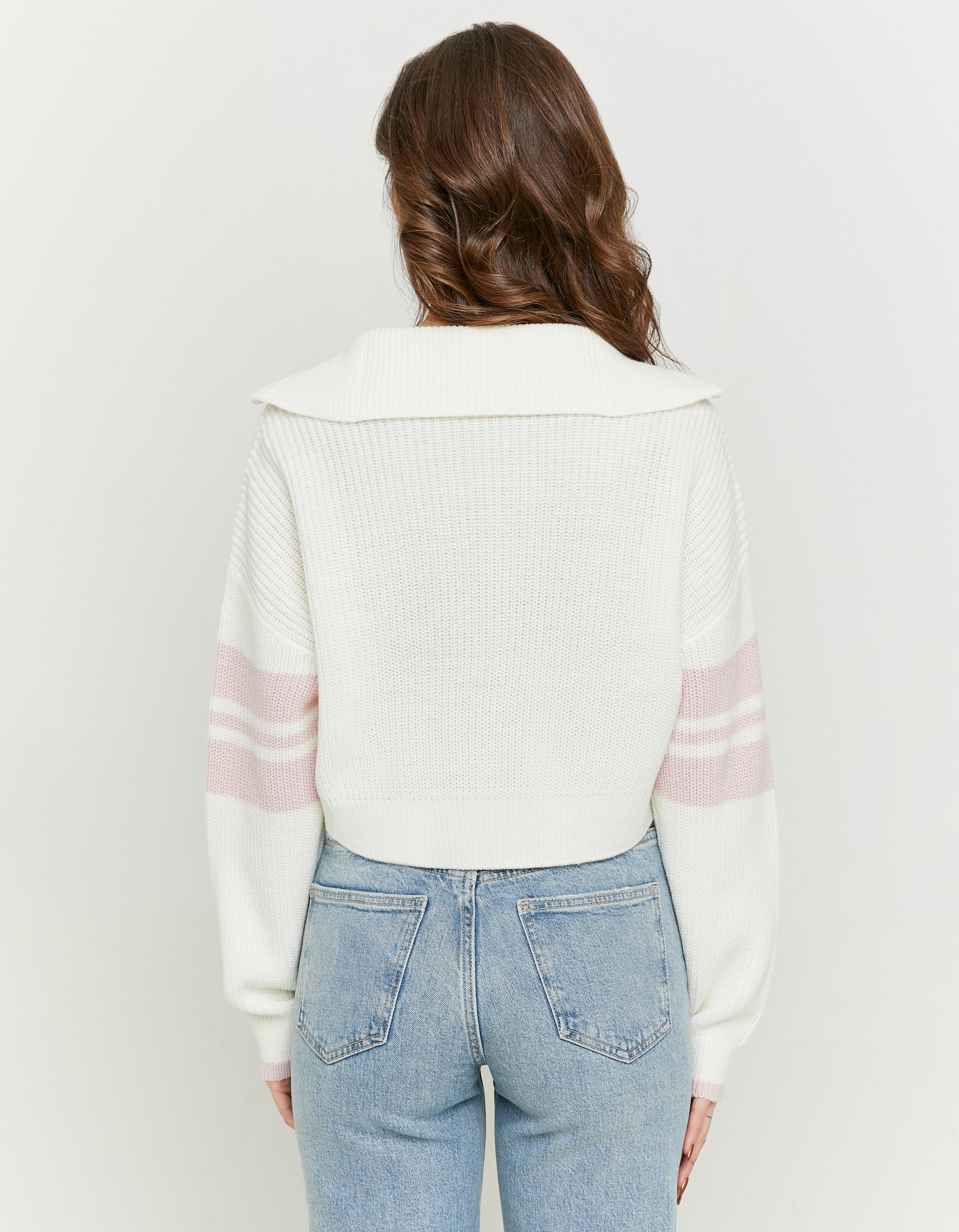 Ladies White Knit Cropped Jumper Pink Stripes-Model Back View