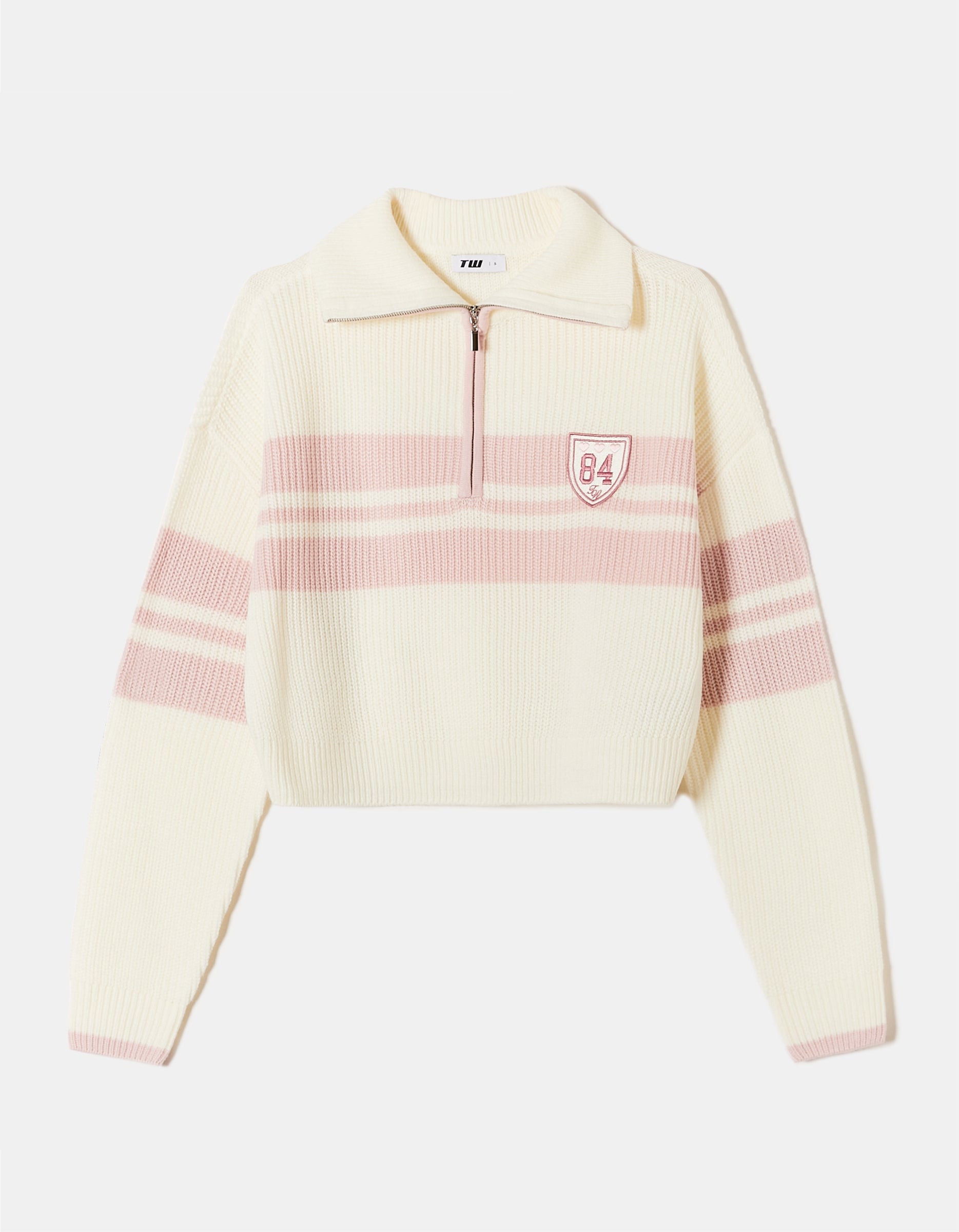 Ladies White Knit Cropped Jumper Pink Stripes-Ghost Front View