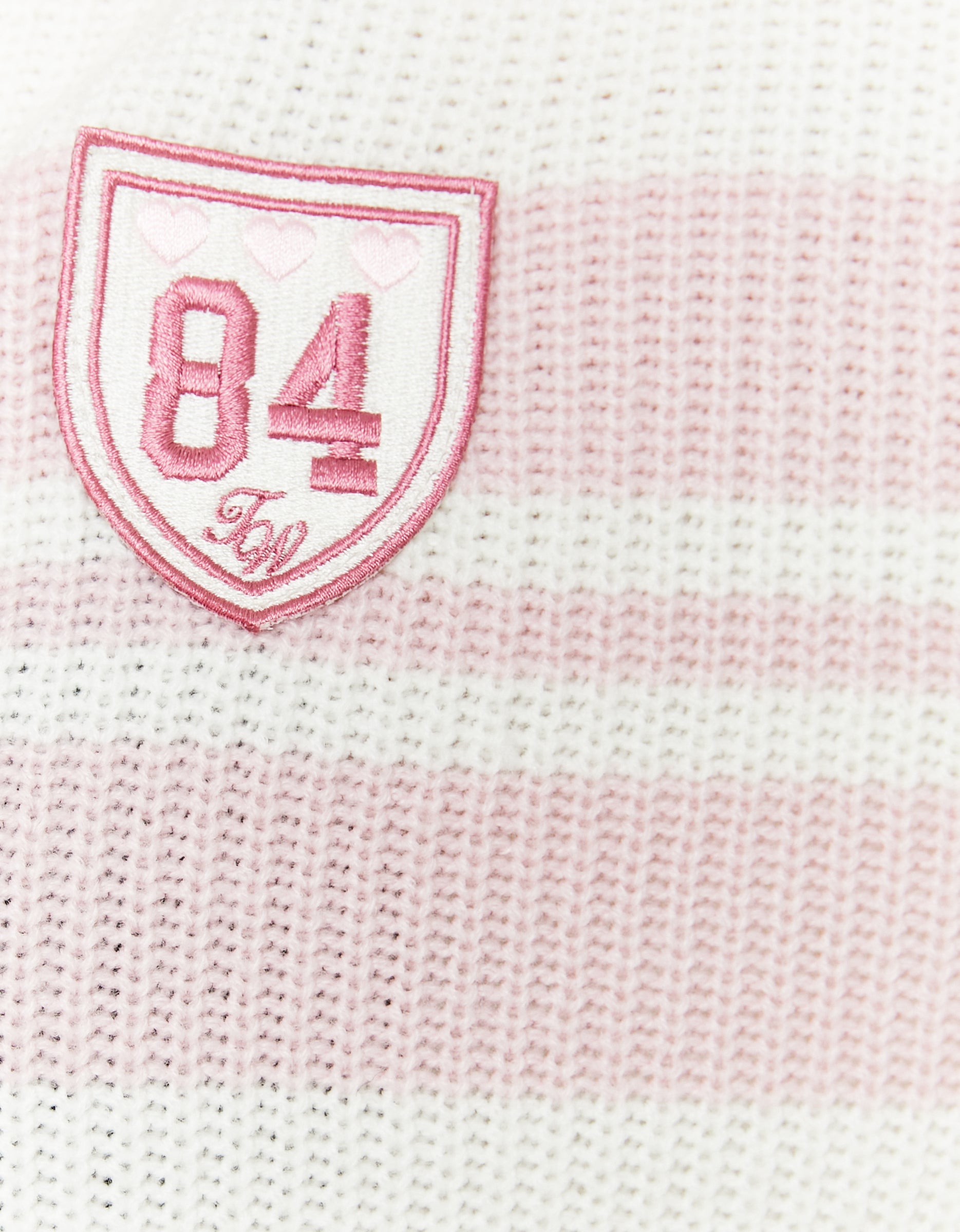 Ladies White Knit Cropped Jumper Pink Stripes-Close Up View