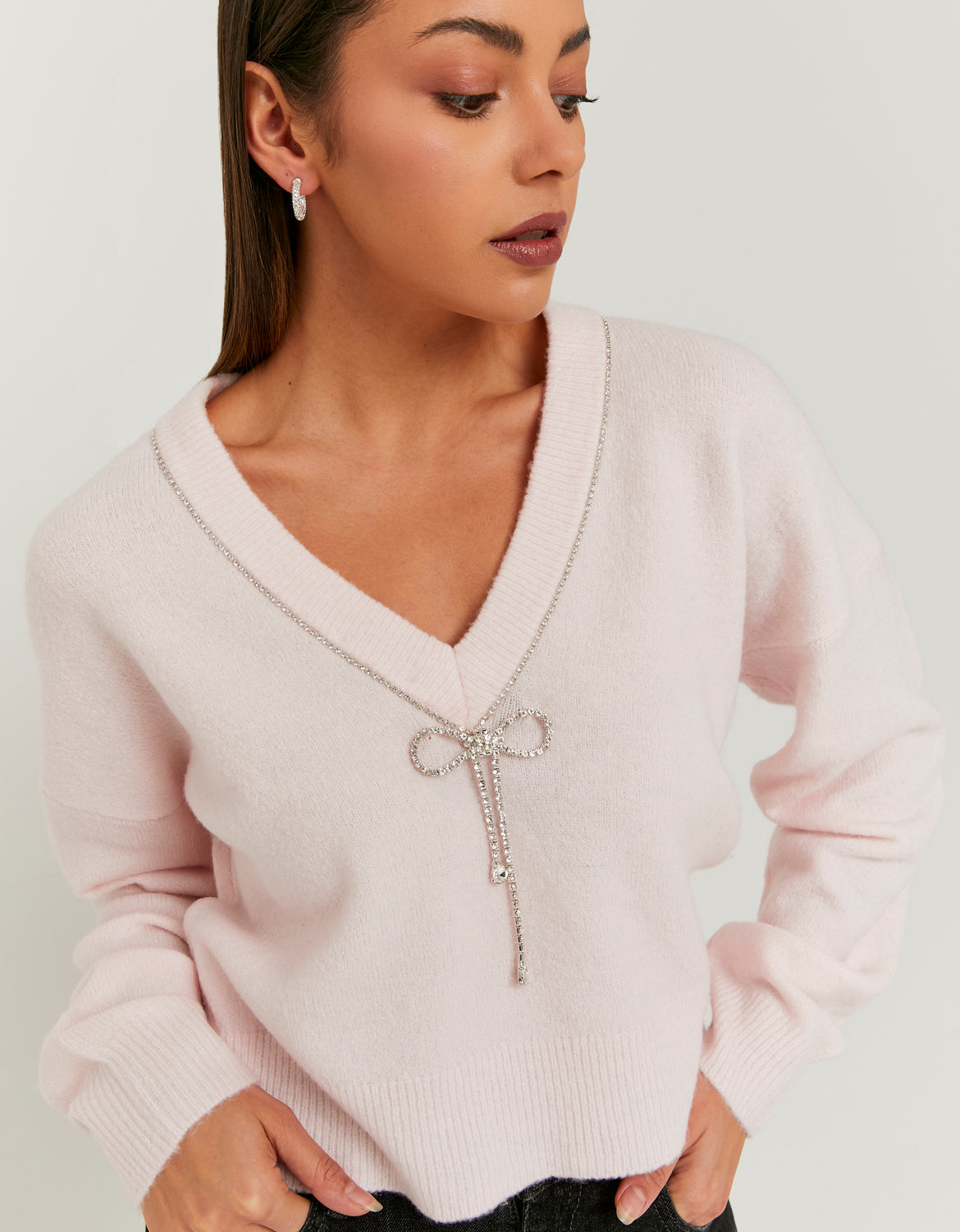 Tally Weijl Pink Knitted Jumper With Strass Bow Pink front view