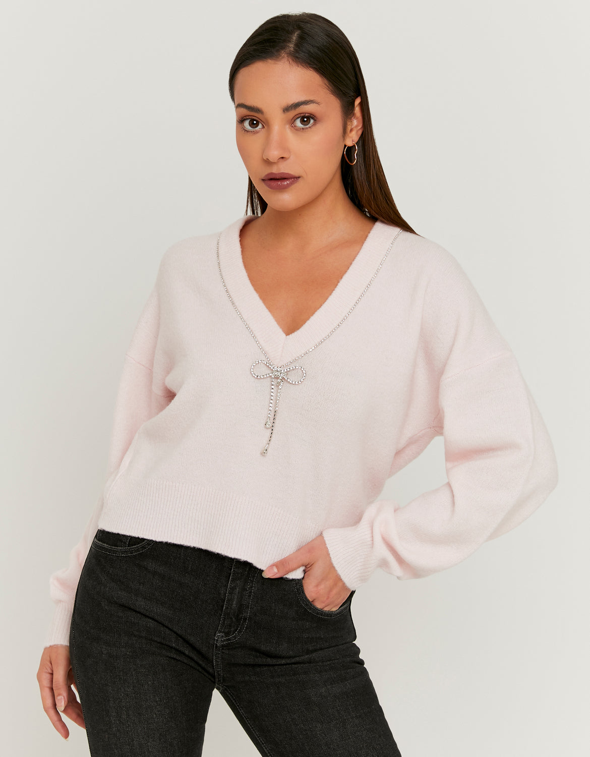Tally Weijl Pink Knitted Jumper With Strass Bow Pink flat front view
