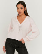 Tally Weijl Pink Knitted Jumper With Strass Bow Pink flat front view