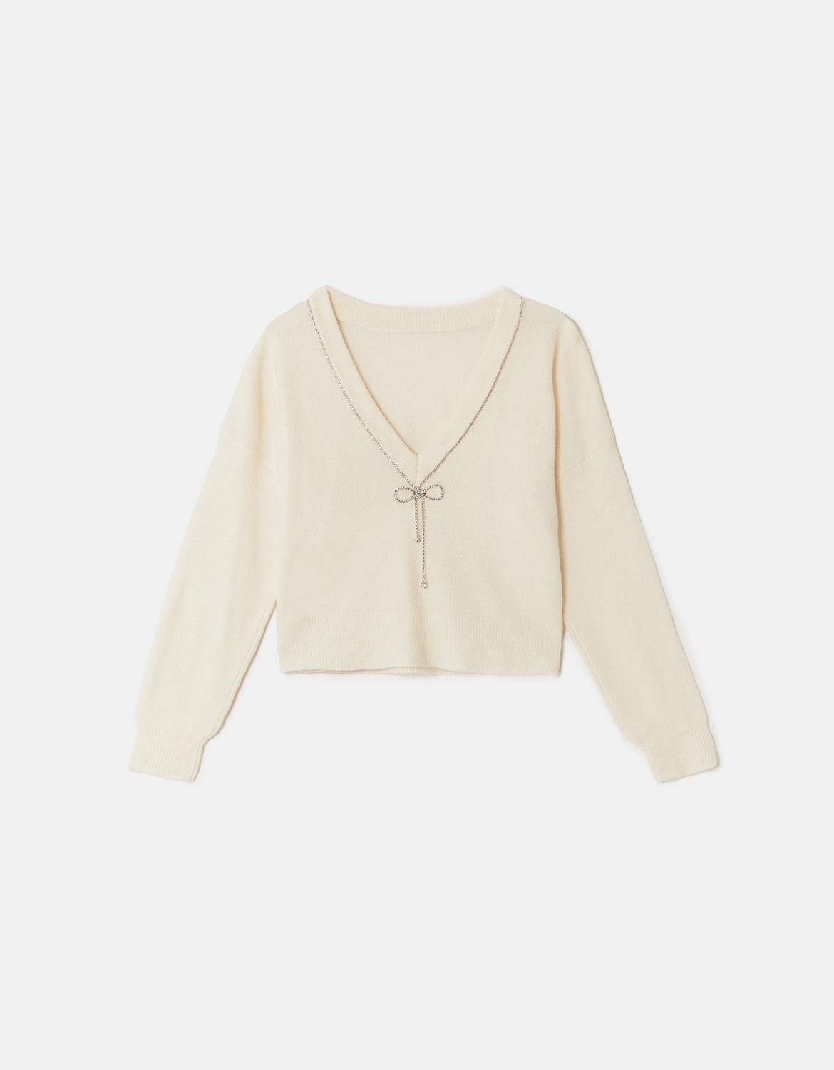 Tally Weijl White Knitted Jumper With Strass Bow White flat front view