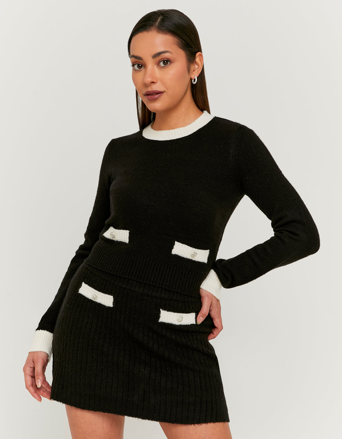 Ladies Black Cropped Jumper With Contrast Details-Model Full Front View