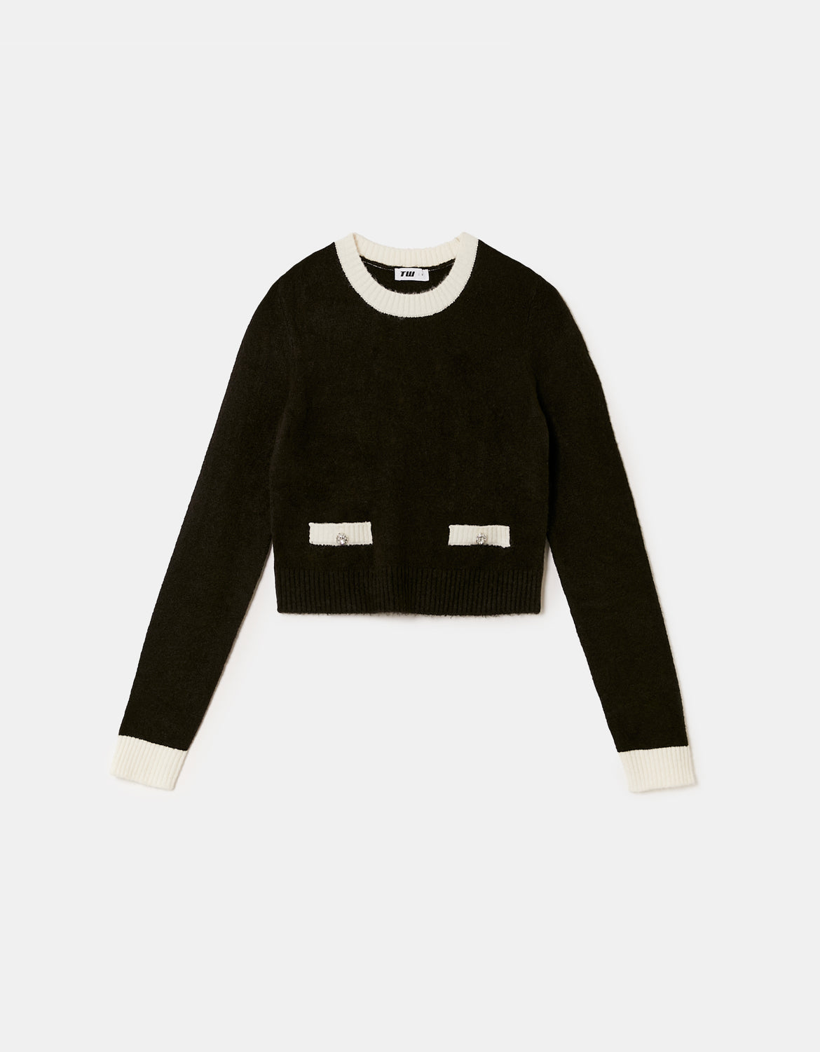 Ladies Black Cropped Jumper With Contrast Details-Ghost Front View