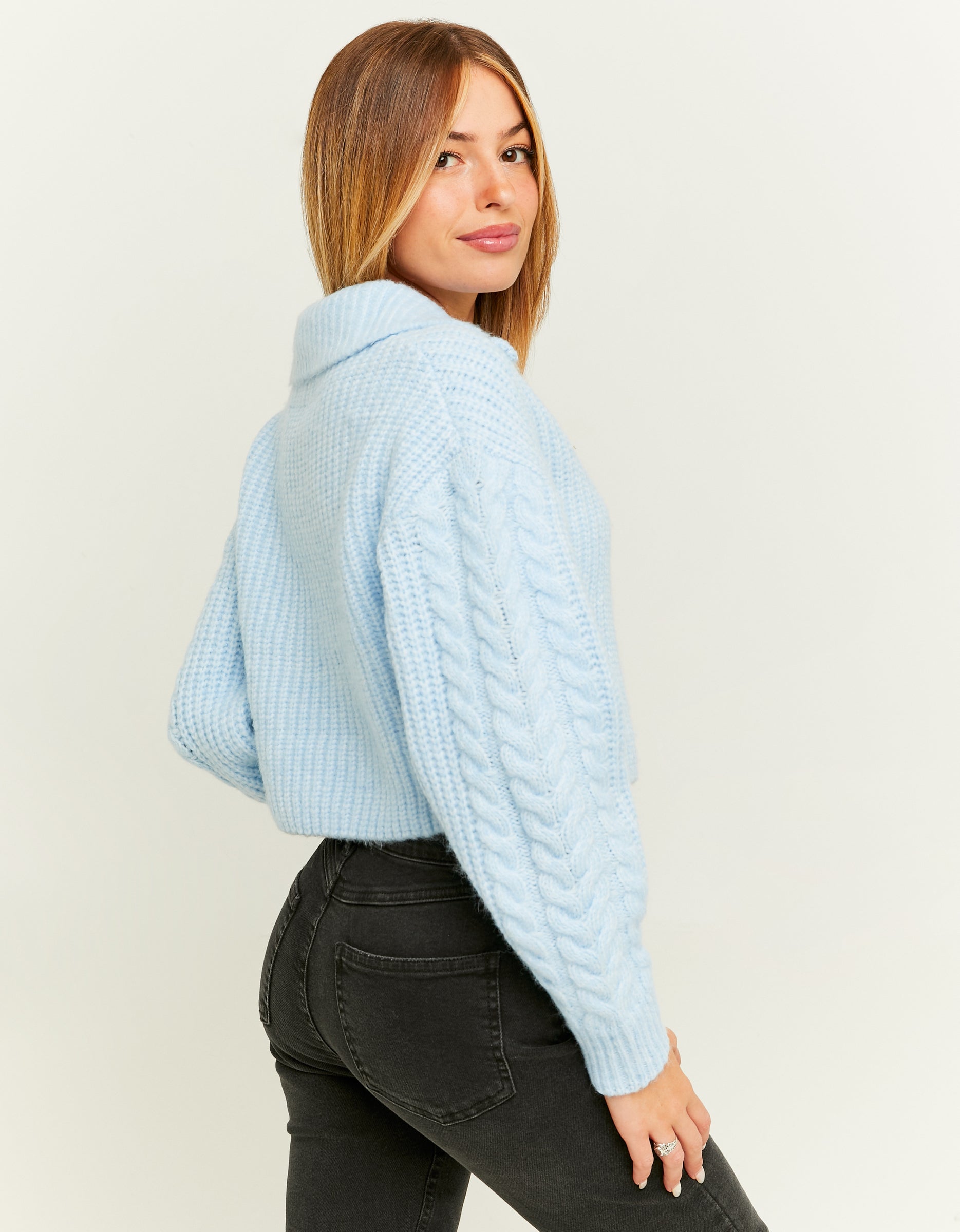 Ladies Blue Cropped Jumper With Zip Up-Back View