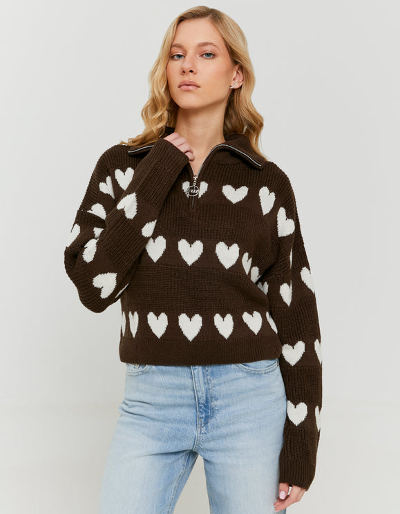 Tally Weijl brown and white heart knitted zip up jumper worn by model, front view