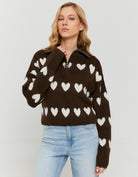 Tally Weijl Brown Knitted Zip Up Jumper with Hearts Brown/White front view