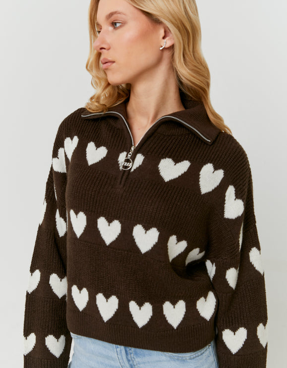 Tally Weijl brown and white heart knitted zip up jumper worn by model, angled front view