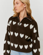 Tally Weijl Brown Knitted Zip Up Jumper with Hearts Brown/White model front view