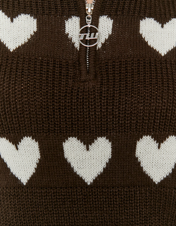 Tally Weijl Brown Knitted Zip Up Jumper with Hearts Brown/White side view
