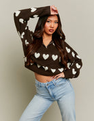 Tally Weijl Brown Knitted Zip Up Jumper with Hearts Brown/White flat front view