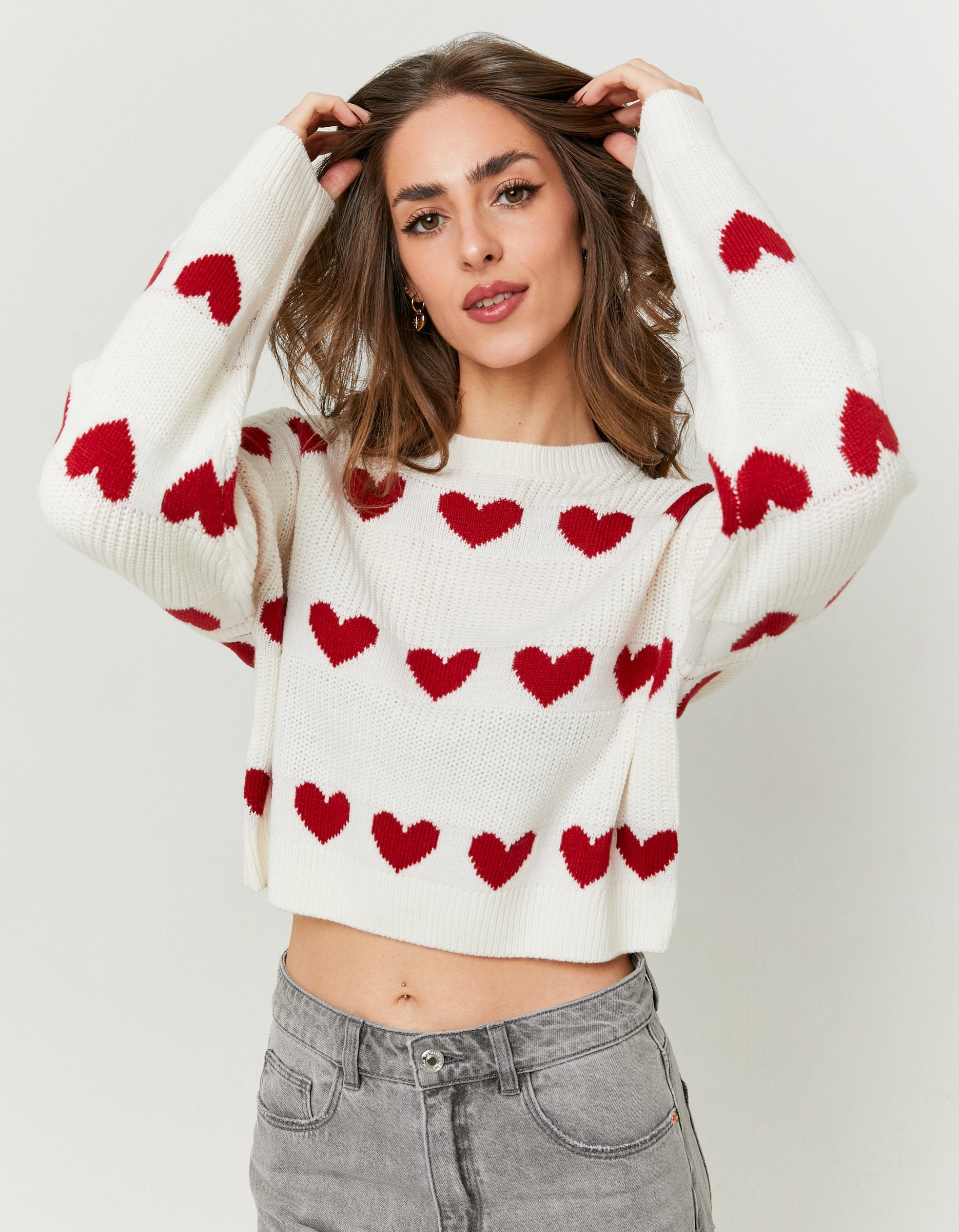 Ladies White Knit Jumper With Heart Pattern-Model Front View