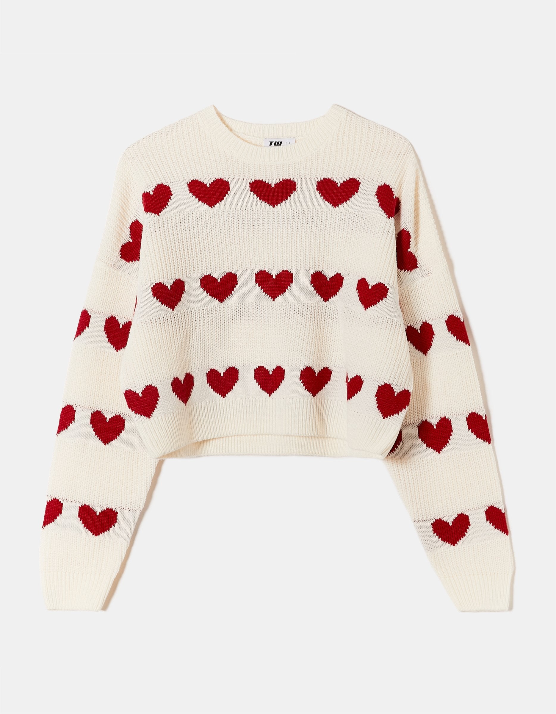 Ladies White Knit Jumper With Heart Pattern-Ghost Front View