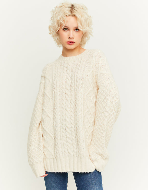Ladies Heavy Sweater With Oversized Weaves-Model Front View
