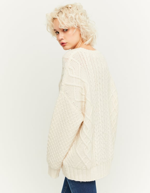 Ladies Heavy Sweater With Oversized Weaves-Model Back View