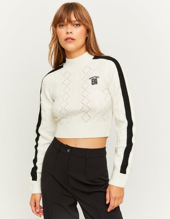 Ladies White/Black Cropped Sweater-Model Front View