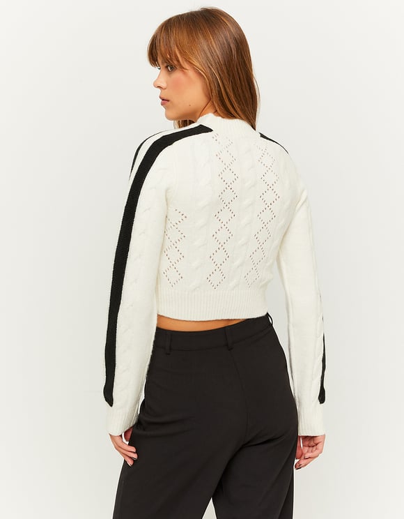 Ladies White/Black Cropped Sweater-Model Back View