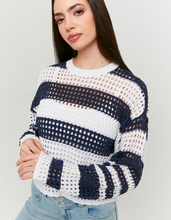 Tally Weijl white and navy striped pullover worn by model, front view