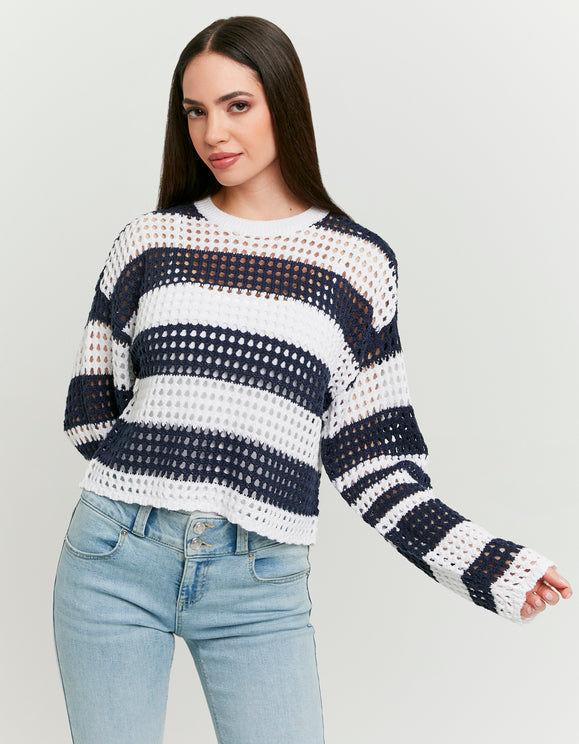 Tally Weijl white and navy striped pullover worn by model, front view