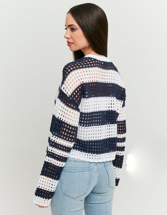 Tally Weijl white and navy striped pullover worn by model, back view