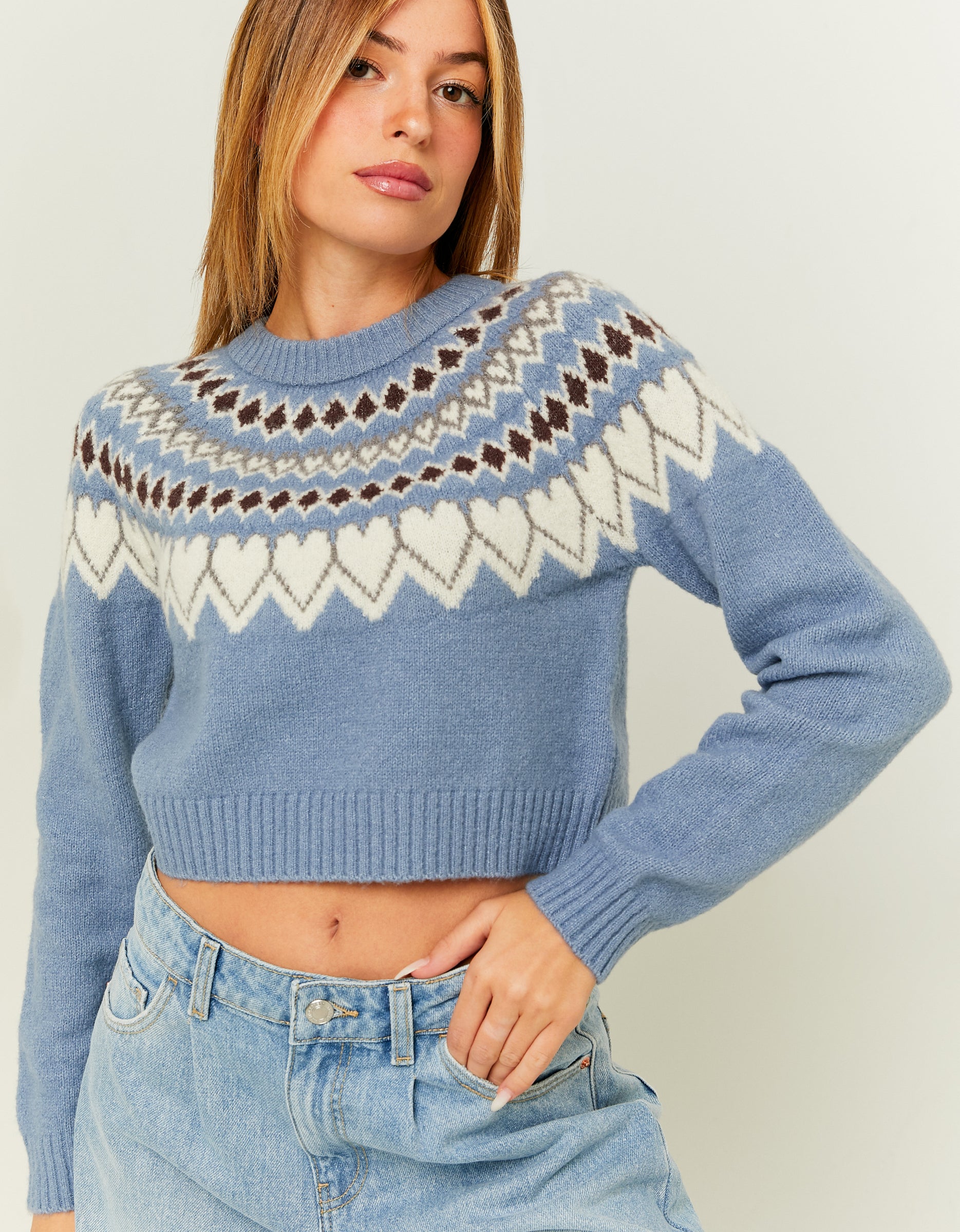 Ladies Blue Cropped Jumper-Model Front View