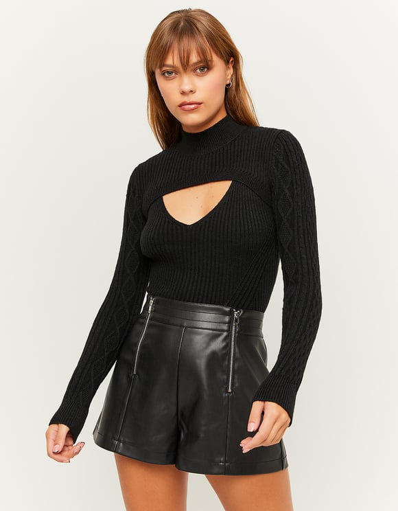 Ladies Black Cut Out Sweater-Model Front View