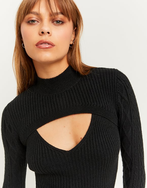 Ladies Black Cut Out Sweater-Close Up View of Front