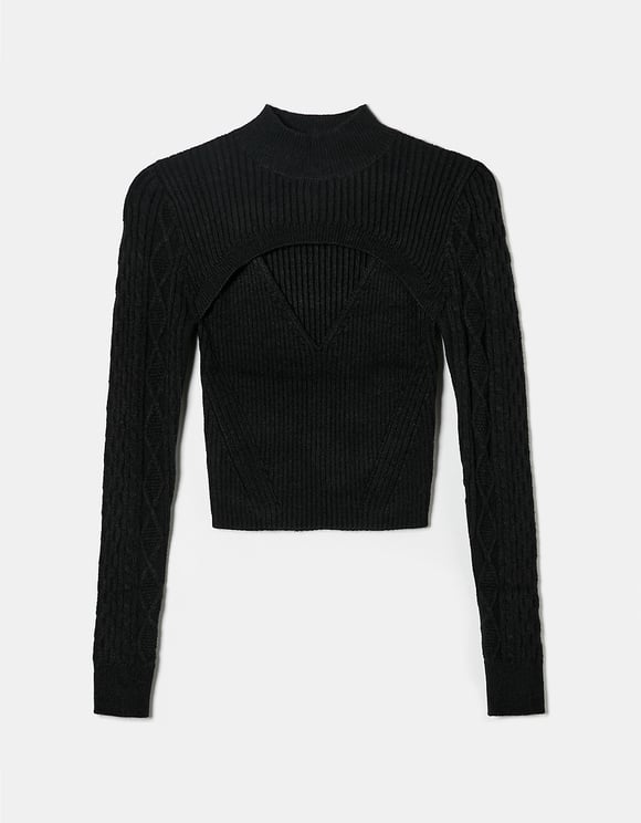 Ladies Black Cut Out Sweater-Ghost Front View