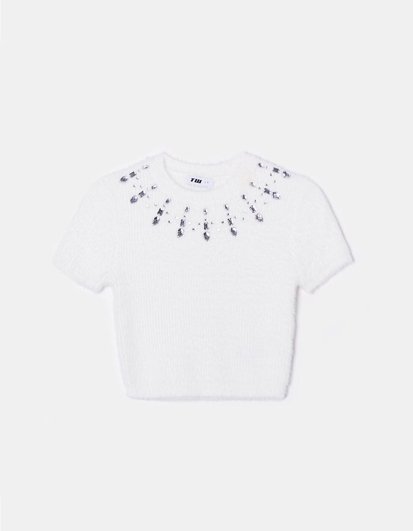 Ladies White Cropped Sweater With Rhinestones-Ghost Front View