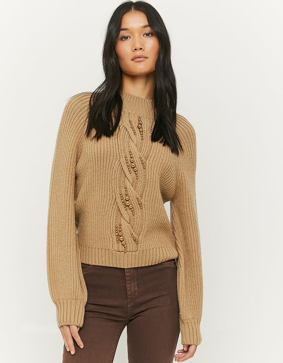 Ladies Brown Cable Knit Round Neck Jumper-Model Front View