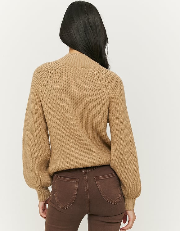 Ladies Brown Cable Knit Round Neck Jumper-Model Front View