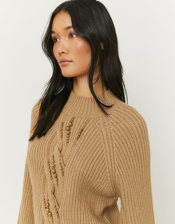 Ladies Brown Cable Knit Round Neck Jumper-Closer View of Front