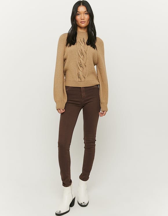 Ladies Brown Cable Knit Round Neck Jumper-Model Full Front View