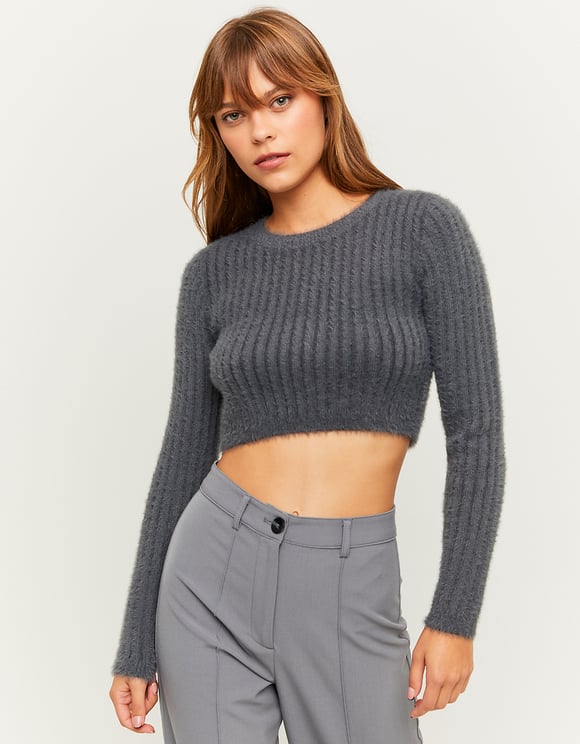 Ladies Grey Soft Touch Cropped Sweater-Model Front View