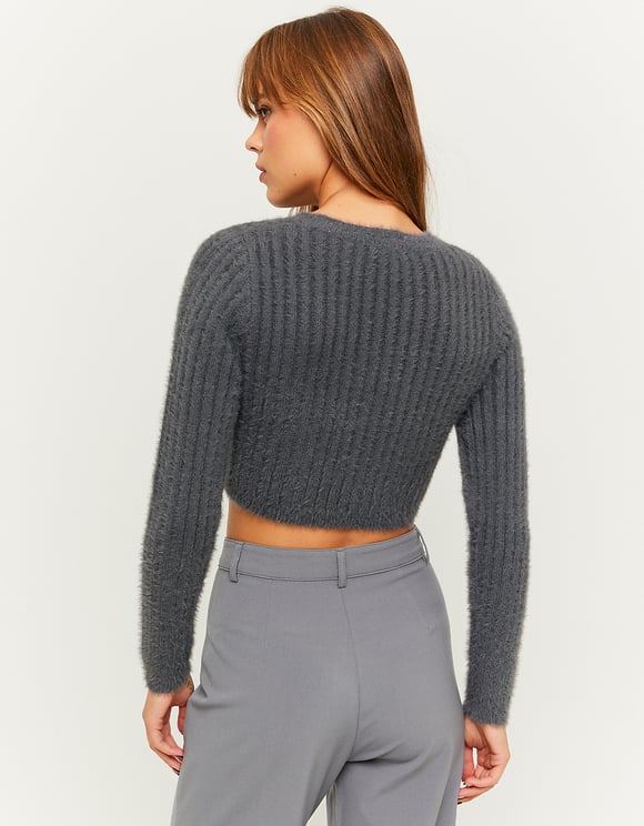 Ladies Grey Soft Touch Cropped Sweater-Model Back View