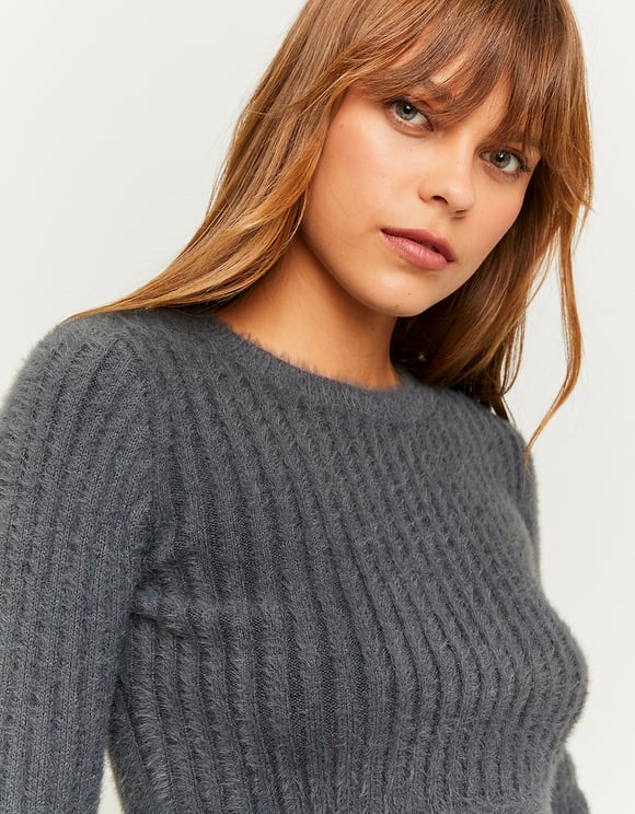 Ladies Grey Soft Touch Cropped Sweater-Close Up of Front View