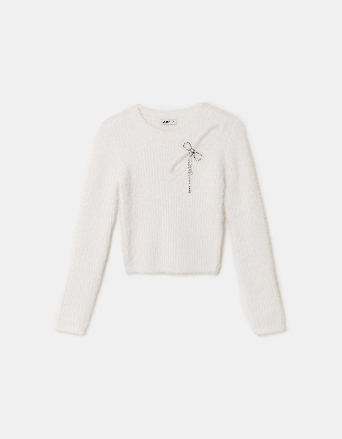 Ladies White Knit Cut Out Jumper With Rhinestones-Ghost Front View